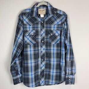 Vintage Wrangler Blue Black Plaid Pearl Snap Long Sleeve Shirt L